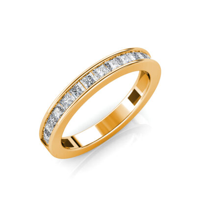 Perspective view of yellow gold princess cut channel-set diamond band ring