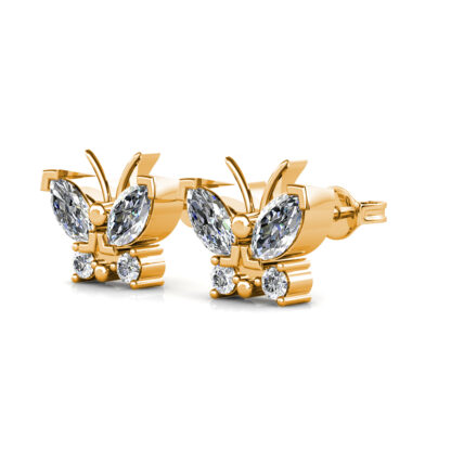 Yellow gold butterfly diamond stud earrings with marquise diamond wings