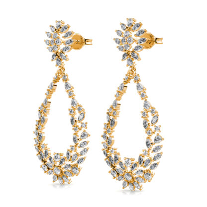 Perspective view of yellow gold marquise diamond open teardrop earring