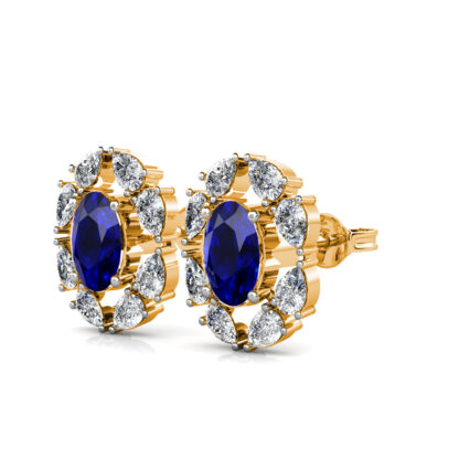 Yellow gold sapphire diamond halo stud earrings, perspective view