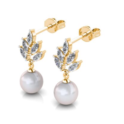 Perspective view of yellow gold marquise diamond leaf pearl drop earring