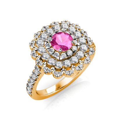 Perspective view of yellow gold pink sapphire diamond triple halo ring