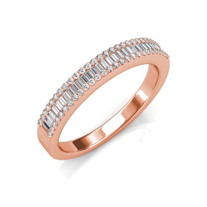 Perspective view of rose gold baguette diamond half eternity band