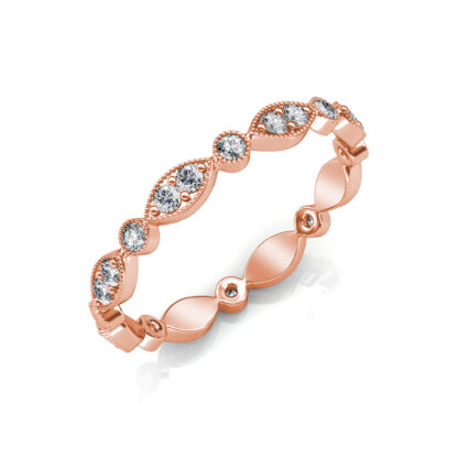 Perspective view of rose gold milgrain marquise station diamond eternity band