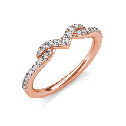 Perspective view of rose gold twisted V pave diamond stacking band
