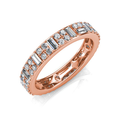 Perspective view of rose gold baguette and round diamond eternity ring