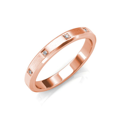 Perspective view of rose gold beveled edge flush-set diamond band
