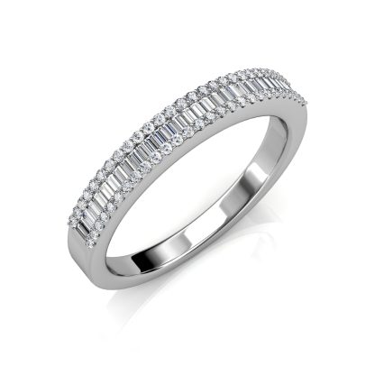 Perspective view of white gold or platinum baguette diamond half eternity band