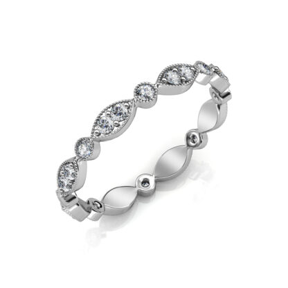 Perspective view of white gold or platinum milgrain marquise station diamond eternity band
