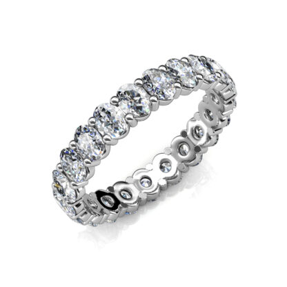 Perspective view of white gold or platinum oval diamond full eternity ring