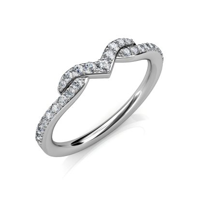 Perspective view of white gold or platinum twisted V pave diamond stacking band