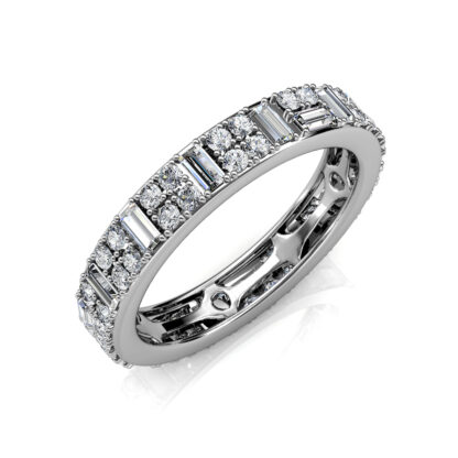 Perspective view of white gold or platinum baguette and round diamond eternity ring