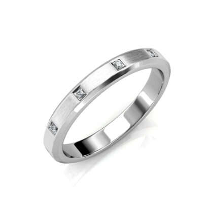 Perspective view of white gold or platinum beveled edge flush-set diamond band