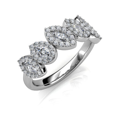 Perspective view of white gold or platinum pear and marquise diamond halo band