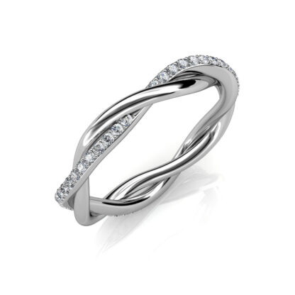 Perspective view of white gold or platinum twisted pave diamond rope band