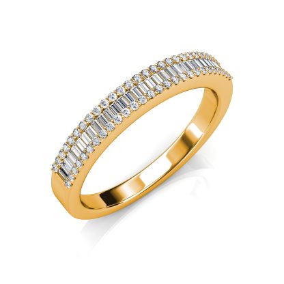 Perspective view of yellow gold baguette diamond half eternity band