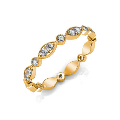 Perspective view of yellow gold milgrain marquise station diamond eternity band