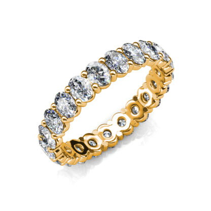 Perspective view of yellow gold oval diamond full eternity ring