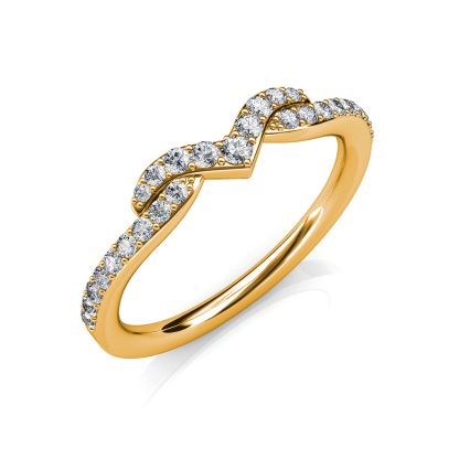 Perspective view of yellow gold twisted V pave diamond stacking band