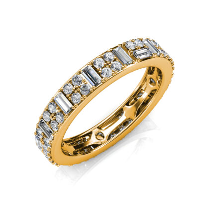 Perspective view of yellow gold baguette and round diamond eternity ring
