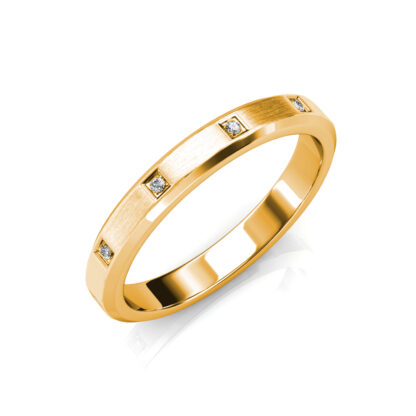 Perspective view of yellow gold beveled edge flush-set diamond band