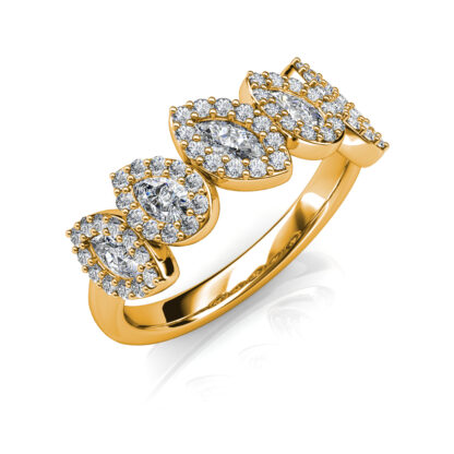 Perspective view of yellow gold pear and marquise diamond halo band