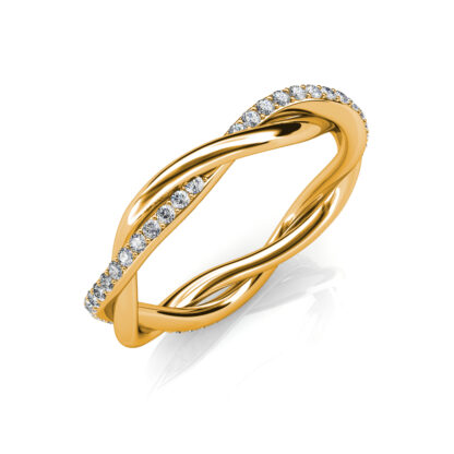 Perspective view of yellow gold twisted pave diamond rope band