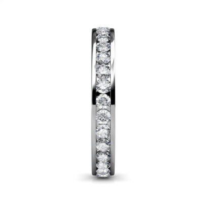 Side view of white gold channel-set diamond full eternity ring showing the band depth and stone setting