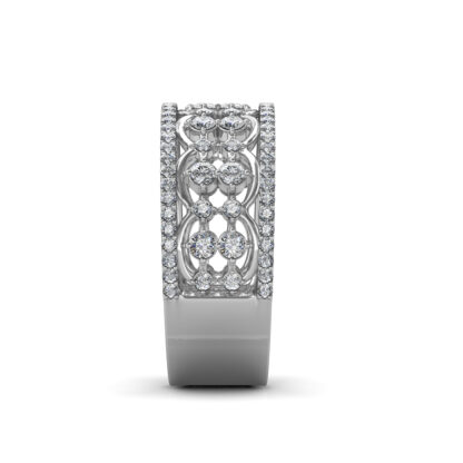 Side view of white gold wide openwork diamond band ring showing the band depth and stone setting