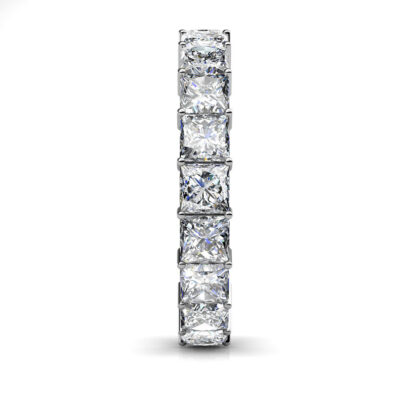 Side view of white gold or platinum princess cut diamond full eternity ring showing the band depth and setting