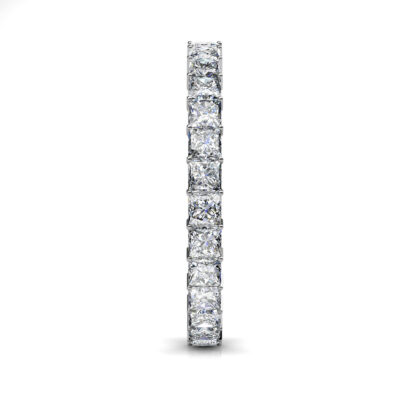 Side view of white gold or platinum princess cut diamond full eternity ring showing the band depth and setting