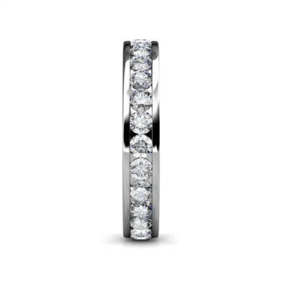 Side view of white gold channel-set diamond full eternity ring showing the band depth and stone setting