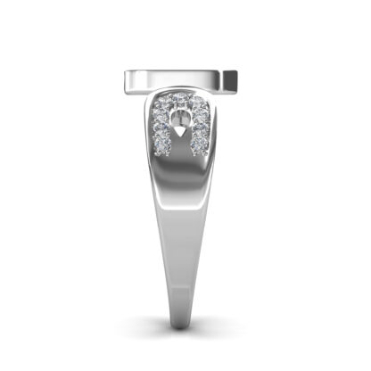 Side view of white gold black and white diamond halo cocktail ring