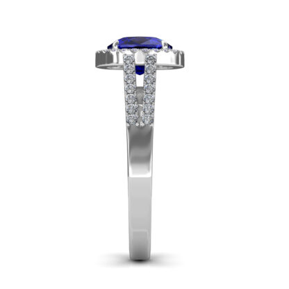 Side view of white gold cushion sapphire diamond halo ring