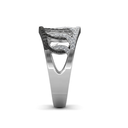 Side view of white gold black and white diamond weave band ring