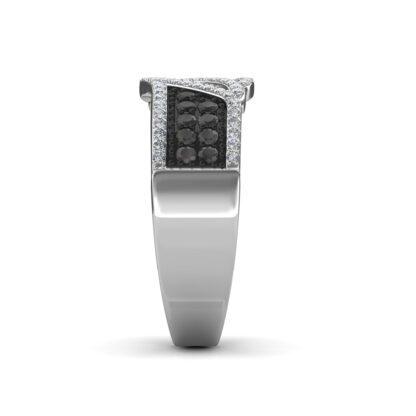 Side view of white gold black and white diamond ribbon twist ring