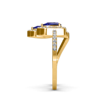 Side view of yellow gold sapphire two-finger ring