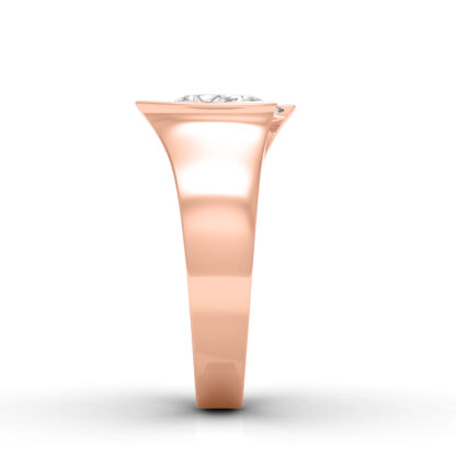 Side profile of rose gold pear engagement ring with a wide tapered band