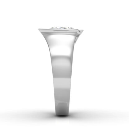 Side profile of pear engagement ring in white gold or platinum with a wide tapered band