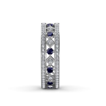 Side view of white gold band showing alternating sapphires and diamonds between pave diamond rows