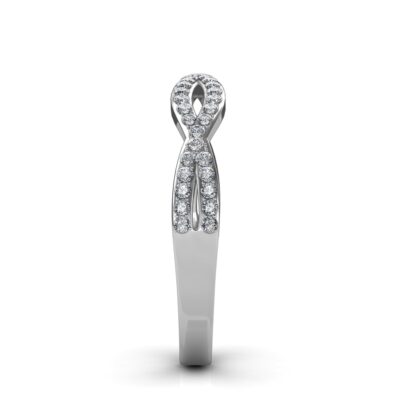Side view of white gold twisted infinity diamond band showing the band depth and stone setting