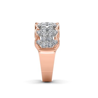 Side view of rose gold scalloped diamond lace band ring showing the band depth and stone setting