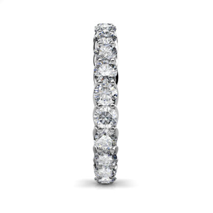 Side view of white gold U-prong full eternity ring with twisted gallery showing the band depth and stone setting