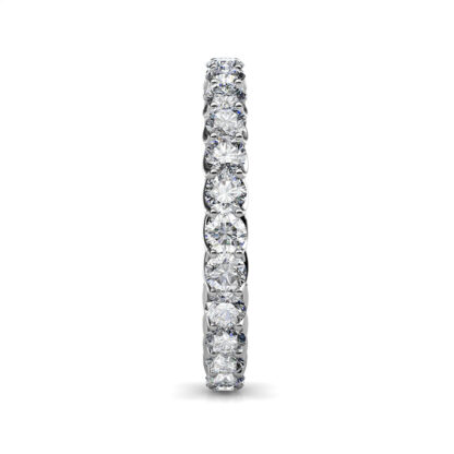 Side view of white gold or platinum U-prong full eternity ring with twisted gallery showing the band depth and stone setting