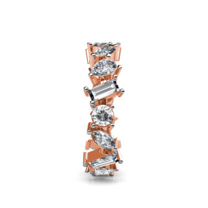 Side view of rose gold mixed shape diamond eternity band showing the band depth and setting