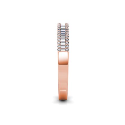 Side view of rose gold baguette diamond half eternity band showing the band depth and stone setting