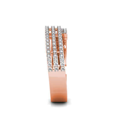 Side view of rose gold four row pave diamond bypass band showing the band depth and setting