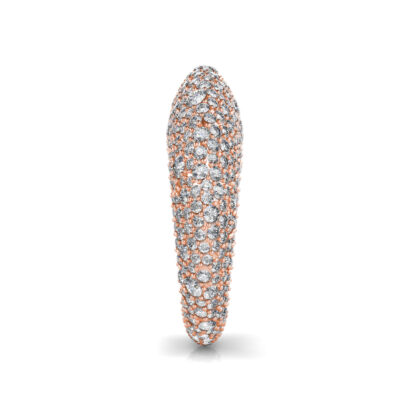 Side view of rose gold full pave diamond dome ring showing the band depth and setting