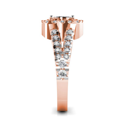 Side view of rose gold illusion cluster halo split shank ring showing the band depth and setting