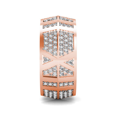 Side view of rose gold wide pave diamond panel band showing the band depth and setting